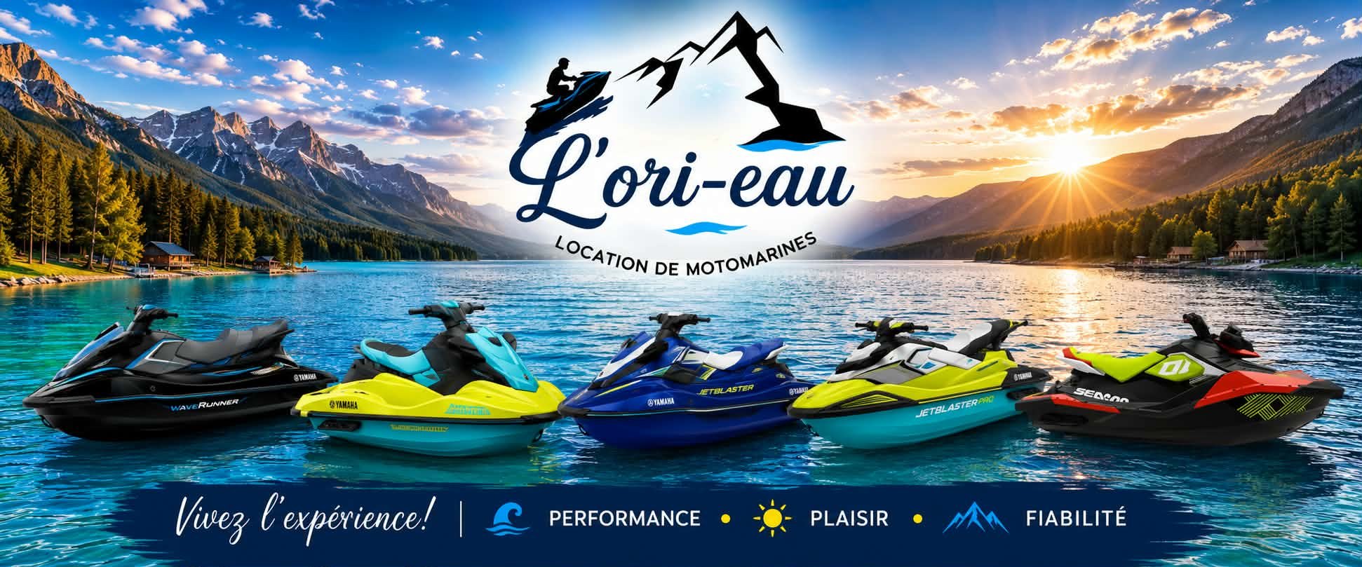 L'Ori-eau, location de motomarines : nos cinq motomarines sur le lac au coucher du soleil. Vivez l'expérience! Performance, plaisir, fiabilité.